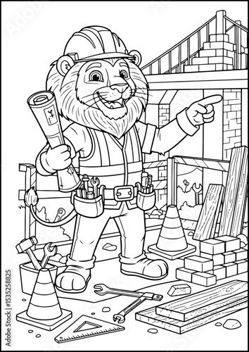 Anthropomorphic Animals, coloring page, This brave lion uses brains and tools to build amazing structures