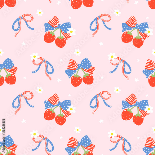 Retro Coquette 4th of July Strawberry Ribbon Bow America Girly Groovy Seamless Pattern Minimal Wallpaper Isolated on Background