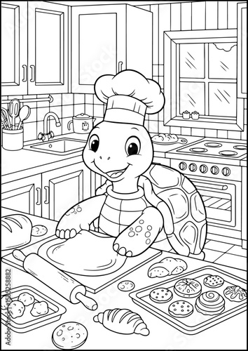 Anthropomorphic Animals, coloring page, This turtle baker takes time to make the yummiest treats.