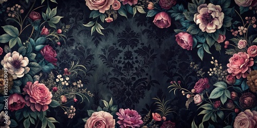 Dark mystical floral wallpaper with intricate black calligraphy, mystical, mysterious,  mystical, mysterious, elegant