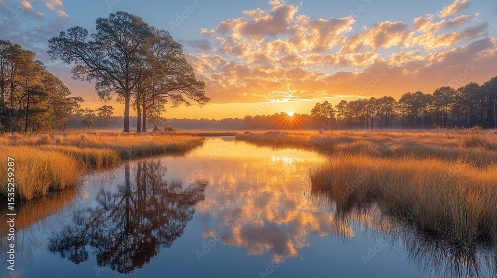 Fototapeta premium golden autumn trees on rocky cliff mirrored in calm lake water, peaceful fall landscape 