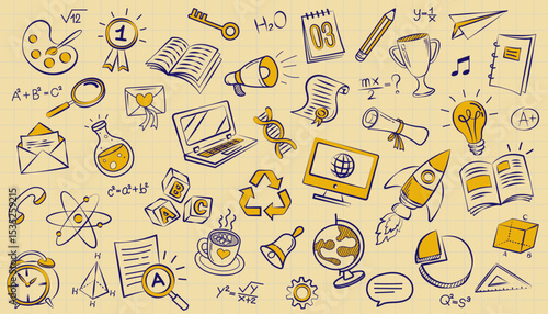 A charming collection of hand-drawn doodle icons based on school and education themes. This versatile illustration set features symbols of science, art, tech, and achievement.