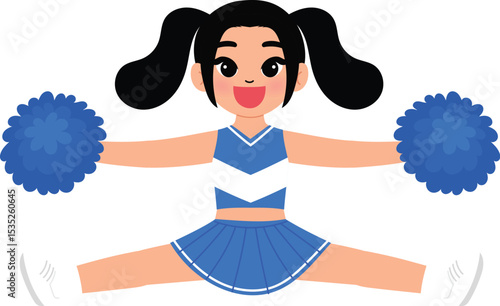 cute girl in cheerleading blue uniform, smile cheerleader dance and jump, cheerful support sport game, smile cheerleader girl with pom-pom entertain and cheering competition sport day