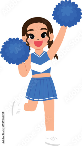 cute girl in cheerleading blue uniform, smile cheerleader dance and jump, cheerful support sport game, smile cheerleader girl with pom-pom entertain and cheering competition sport day