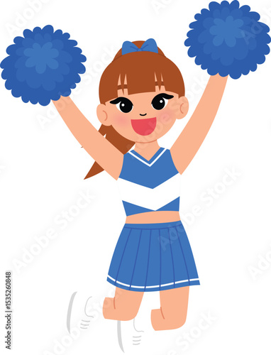cute girl in cheerleading blue uniform, smile cheerleader dance and jump, cheerful support sport game, smile cheerleader girl with pom-pom entertain and cheering competition sport day