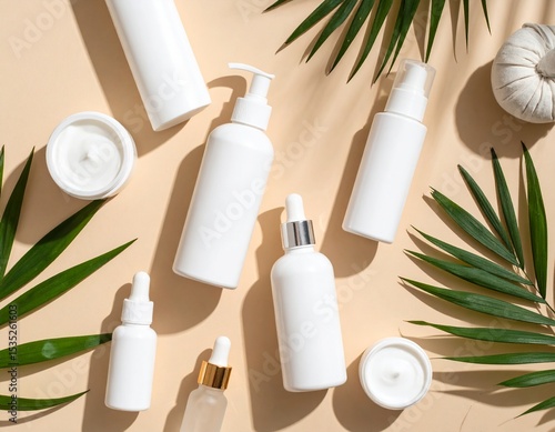 Flat lay composition of skincare bottles, creams, and tools placed aesthetically on a clean beige background with shadows