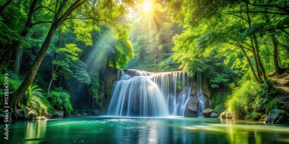 Obraz premium waterfall amidst lush greenery, with sunlight filtering through trees, creating dappled shade and reflecting off rippling water, natural wonder, serene spot
