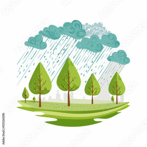 Vector Rain and storm winds blowing trees