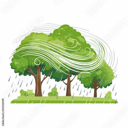 Vector Rain and storm winds blowing trees