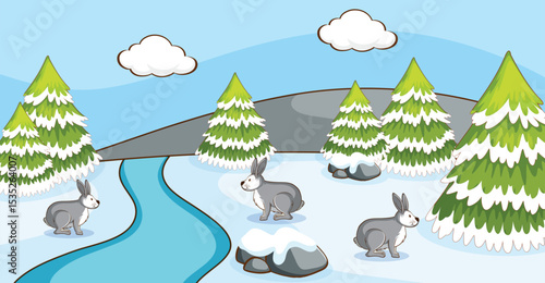 Winter Forest with Deer and Snow-Covered Trees