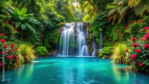 Tropical waterfall cascading into turquoise pool surrounded by lush green vegetation and vibrant tropical flowers, waterfall