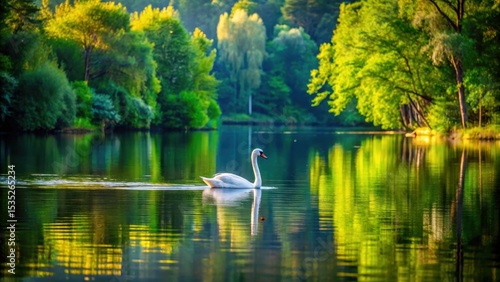 Fototapeta Naklejka Na Ścianę i Meble -  A serene lake scene with a single white swan gliding effortlessly across the calm water surrounded by lush greenery and tall trees, beautiful lake scene, swan on pond
