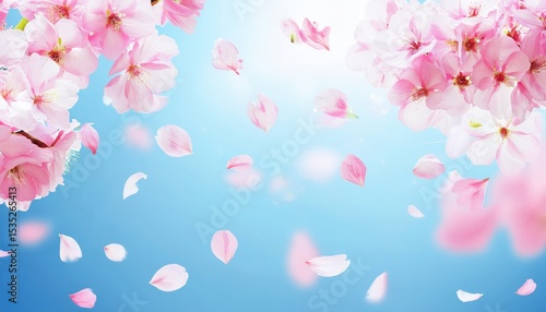 soft pink cherry blossom petals falling against a bright sky blue background for elegant spring design, print template, web banner, or seasonal branding concept

