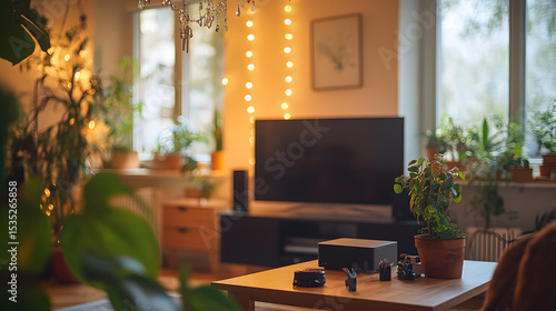 Cozy Living Room with Plants, String Lights, and Modern Furniture
