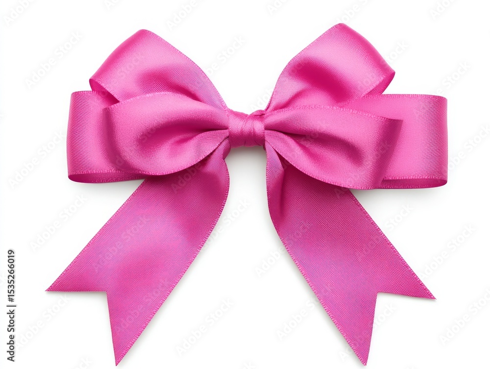 Fototapeta premium A decorative element for gift wrapping and design, the image shows a pink satin ribbon bow with long tails on a clean white background