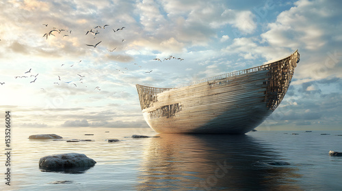 A large, weathered ship tilts precariously in calm waters under a serene sky with birds flying overhead.