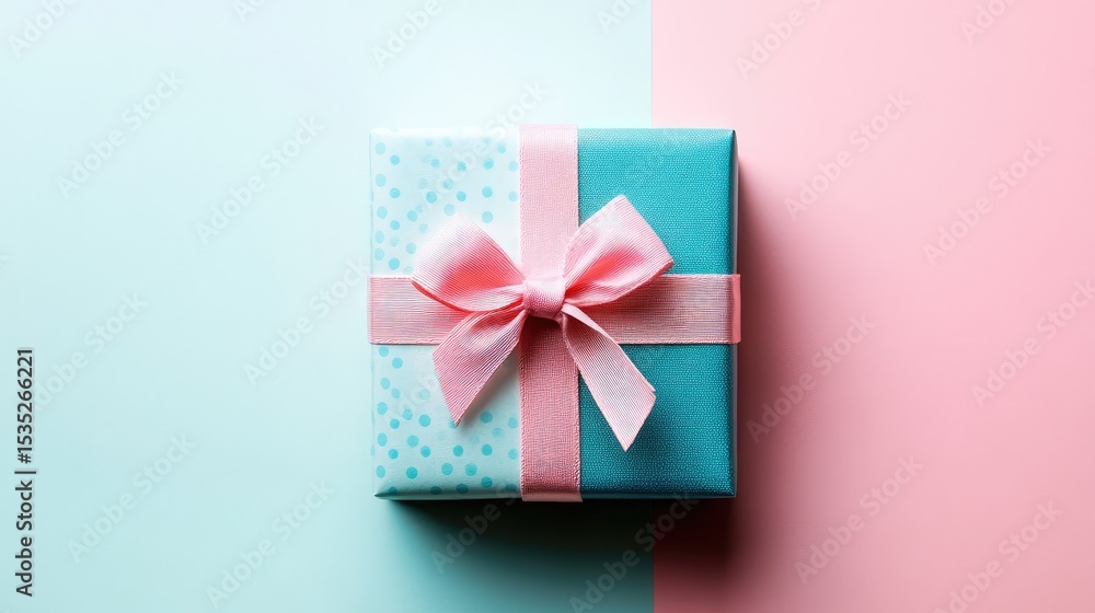 A perfectly wrapped gift box with a bow placed on a soft pastel background A perfectly wrapped gift box with a bow placed on a soft pastel background