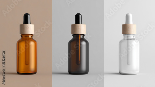 Set of dropper bottles with wood caps, amber, black, and clear