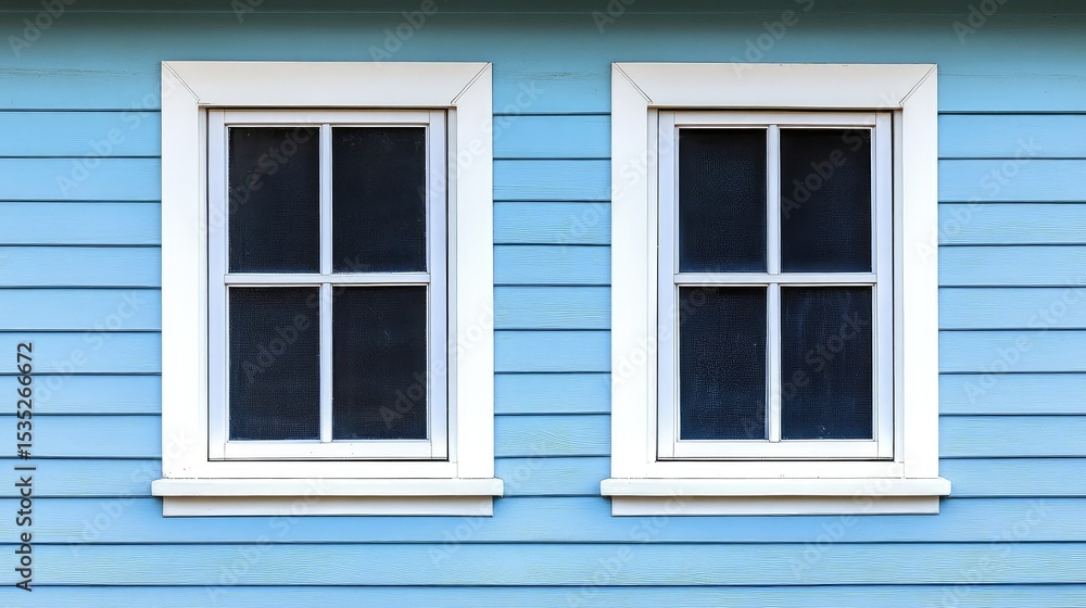 Fototapeta premium Classic white-framed windows on pale blue clapboard siding of vintage home