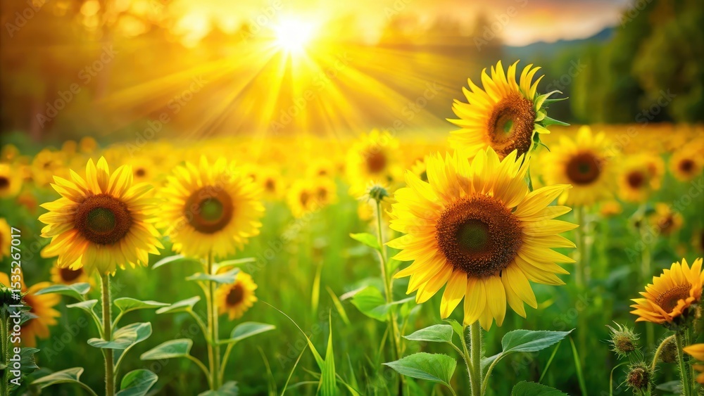 Fototapeta premium Sunny field with bright yellow sunflowers and warm sunlight filtering through the petals
