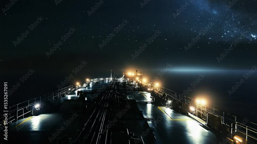 Night Voyage Under the Milky Way: A large tanker ship sails through the ...