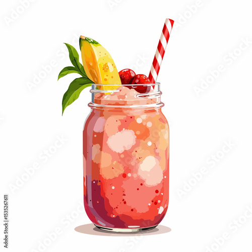Colorful fruit cocktail in mason jar with straw and garnish  