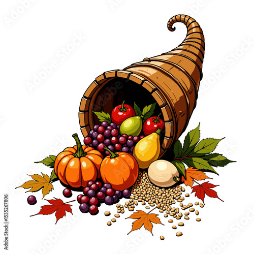 Cornucopia filled with colorful fruits and autumn leaves  