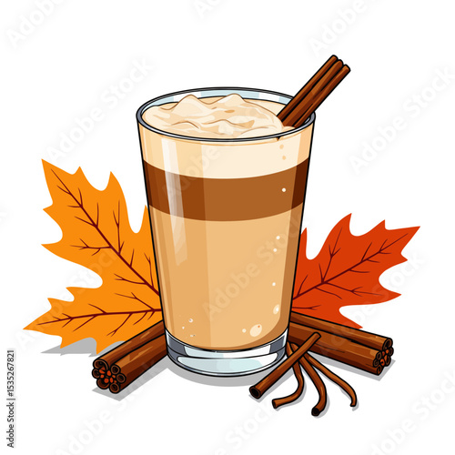 Frosted drink with cinnamon sticks and autumn leaves decoration  