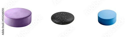 Colorful Circular Tablets: Purple, Black, and Blue Pills for Medical or Industrial Use

