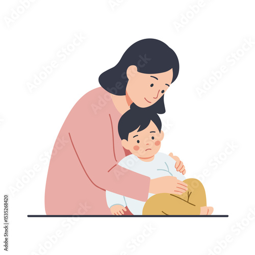 Mother comforting sick toddler while sitting on the floor at home  