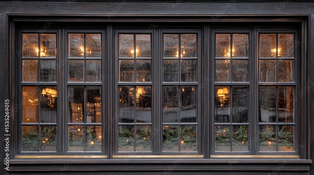 Fototapeta premium Softly lit window with brass handles and antique wooden frame in symmetrical form