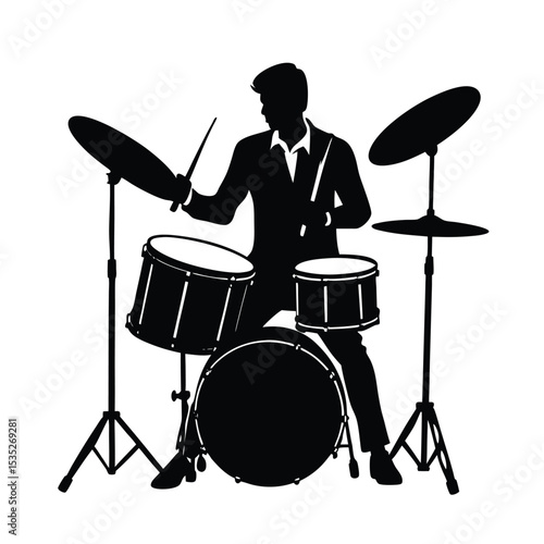 vector silhouette illustration of Jazz Drummer Playing Drum Set Silhouette