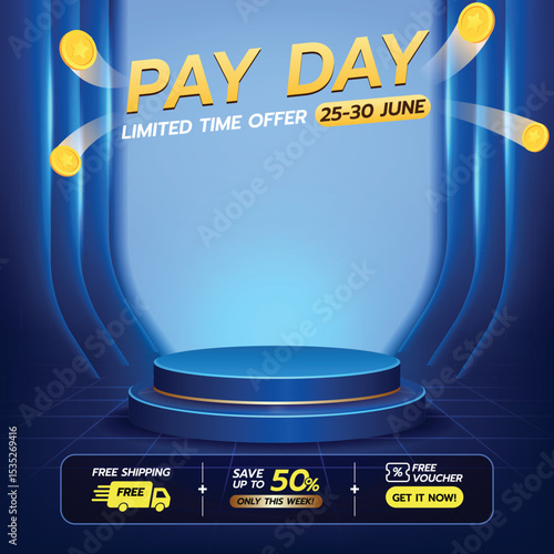 Pay Day Sale Background with Podium and Neon Blue Lights