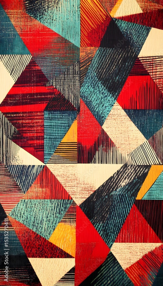 Fototapeta premium A vibrant geometric pattern with triangles and bold colors.