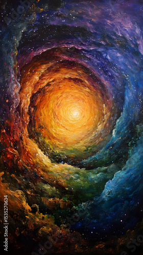 A vibrant cosmic swirl blending warm and cool colors, creating a dynamic and ethereal galaxy effect.