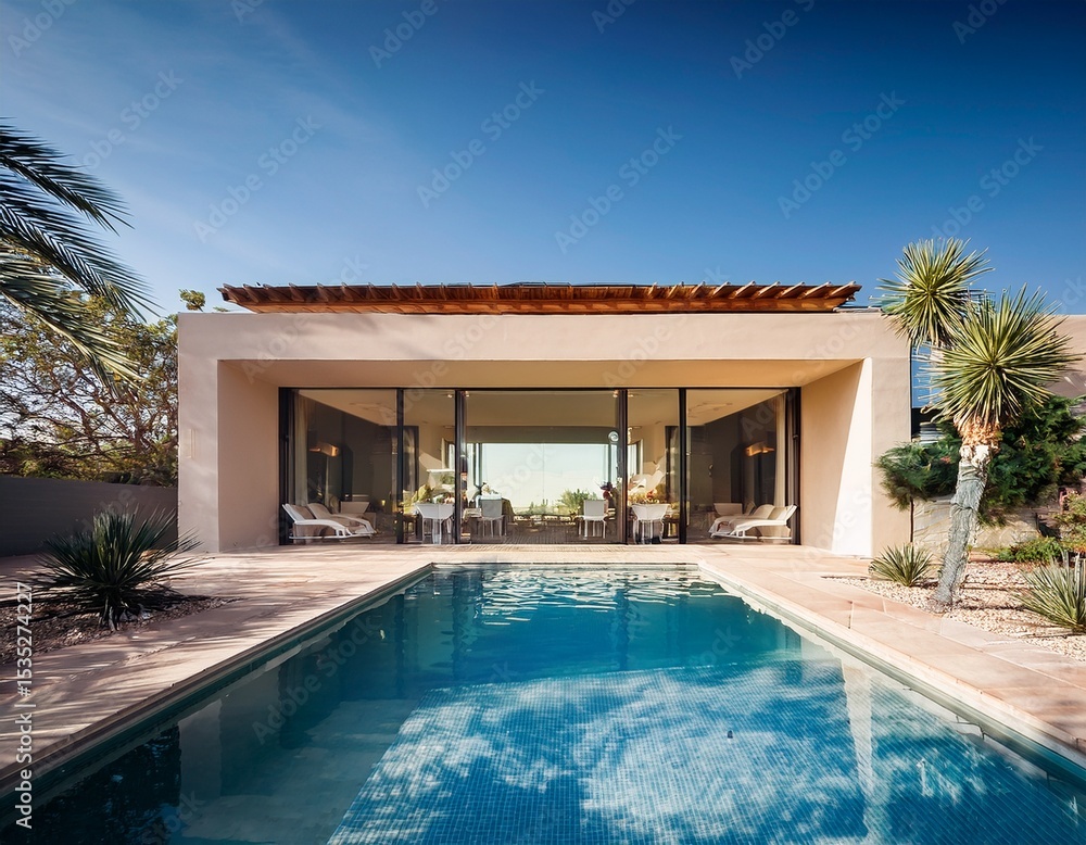 Fototapeta premium modern style architecture exterior vacation villa with luxury swimming pool and tropical tree garden contemporary desert building design poolside area and patio backyard rich real estate rental