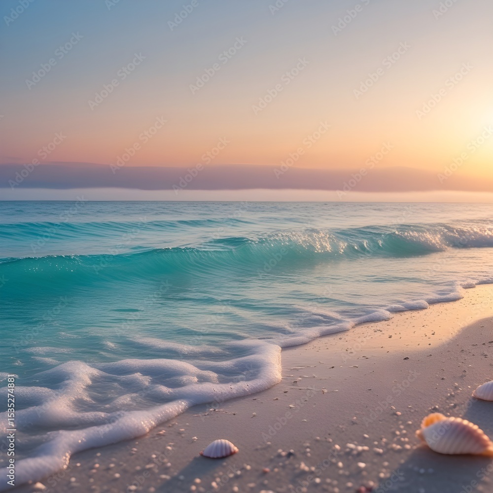 Fototapeta premium Ocean Waves at Sunset with Seashells on the Shore