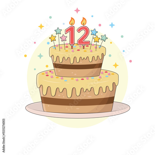 Chocolate birthday cake on a platter with colourful sprinkles, star decorations and a lit candles in the numbers one and two shape. Twelve years old birthday party dessert, vector illustration.