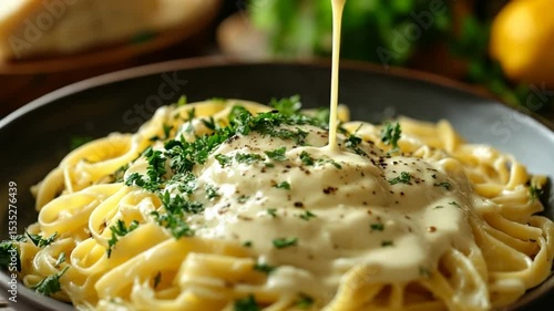 Delicious fettuccine pasta with creamy alfredo sauce being poured on top, garnished with parsley