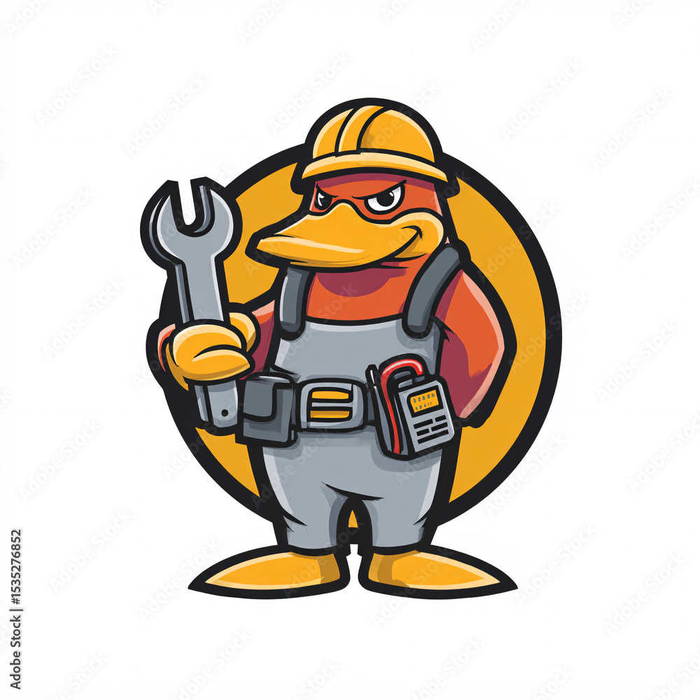 Naklejka premium cartoon mascot duck plumber character holding wrench tool construction worker maintenance