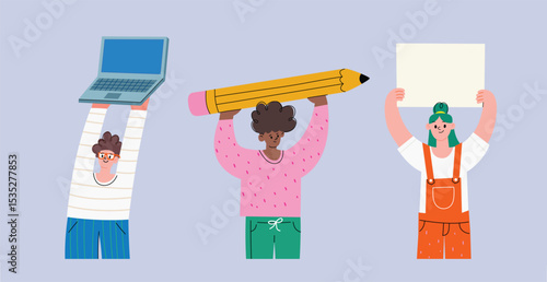 Diverse cartoon characters holding oversized objects above their heads. Laptop, giant pencil and blank sign. Vector illustration. Creative concept for teamwork, communication, education, protest