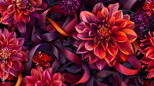 A vibrant arrangement of red, orange, and purple dahlia flowers with flowing ribbons creates an elegant and decorative floral design against a dark background