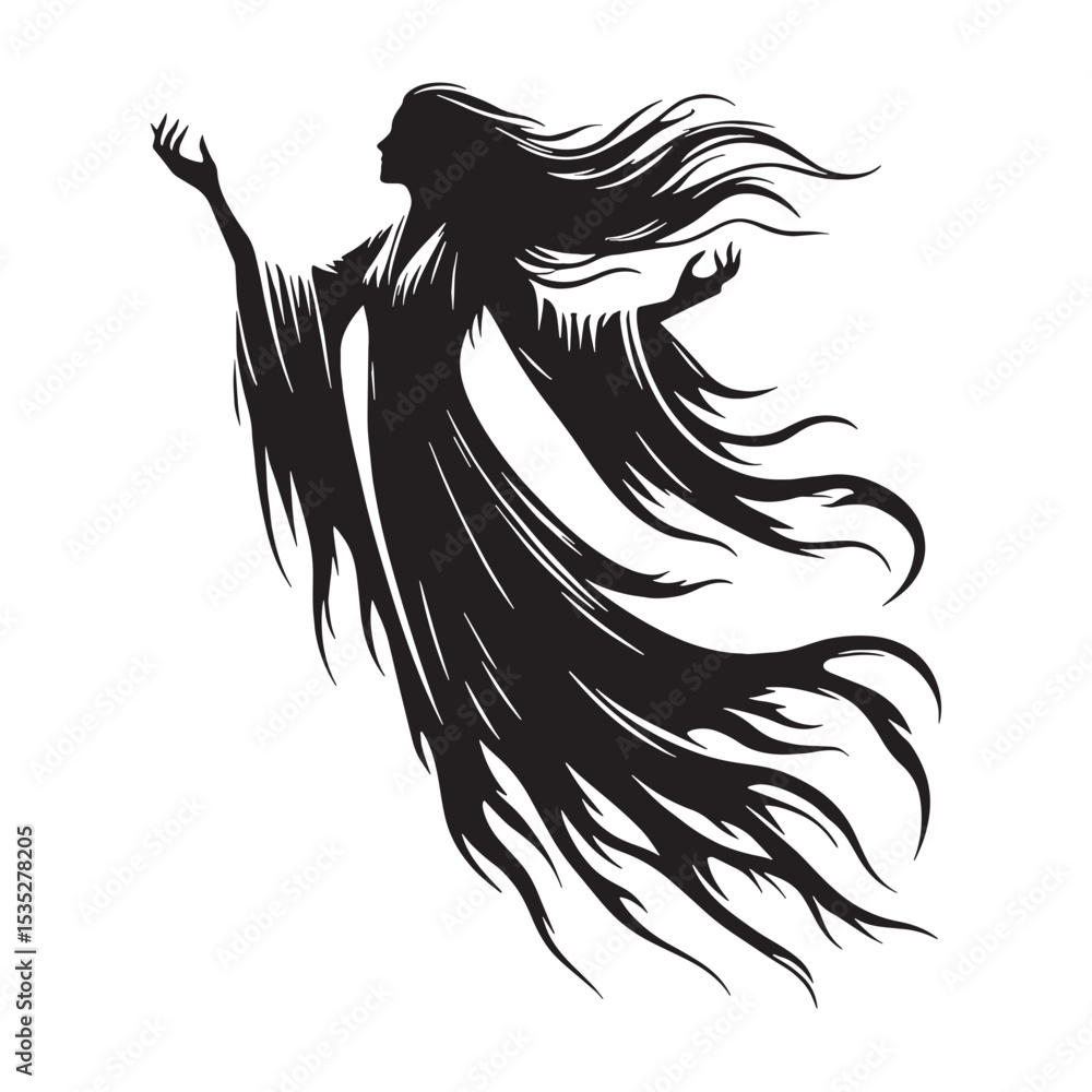 Mysterious Banshee Weeping Spirit Form Depiction, Looking Like a Sad Figure in the Air - banshee silhouette - banshee vector - silhouette of banshee - Banshee illustration
Mysterious Banshee Weeping Spirit Form Depiction, Looking Like a Sad Figure in the Air - banshee silhouette - banshee vector - silhouette of banshee - Banshee illustration