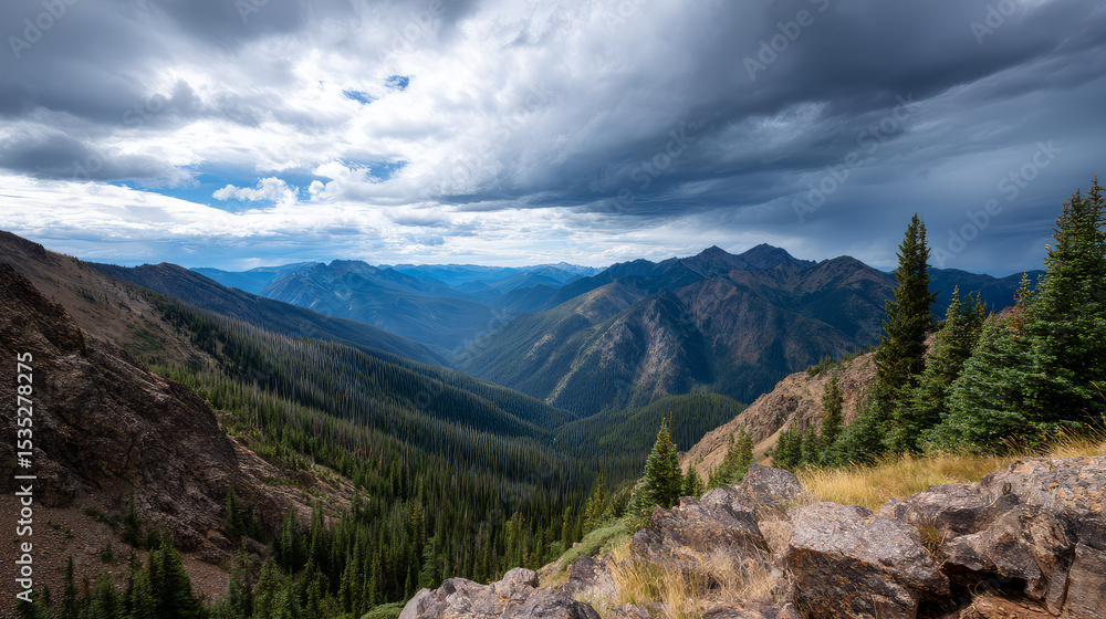 Obraz premium Mountain view above clouds flowers and blooming bushes at sunset sunbeams. Calm close-up beautiful landscape, screensaver background, Beautiful panorama. Summer vacation, holiday, amazing nature.