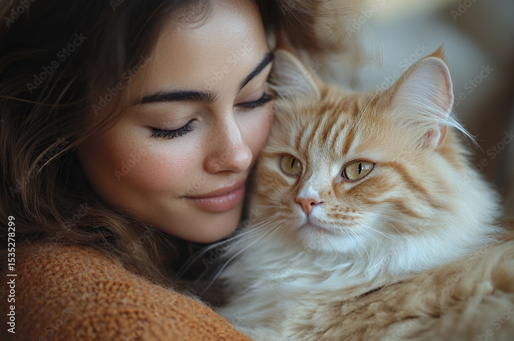 A Latinx woman stroking a fluffy white cat in a living room, surrounded by warm lighting, peaceful moment, and a sense of comfort and relaxation. A Latinx woman stroking a fluffy white cat in a living room, surrounded by warm lighting, peaceful moment, and a sense of comfort and relaxation.