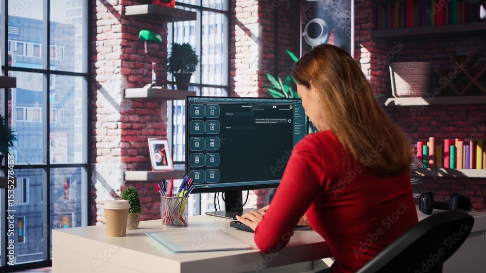 Fototapeta premium Woman typing on a computer and chatting with an AI assistant. Futuristic interface highlights artificial intelligence, machine learning and automated solutions for productivity. Camera B.