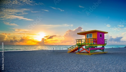 sunrise in miami beach florida with a colorful lifeguard house in a typical art deco architecture at sunrise with ocean and sky in the background
