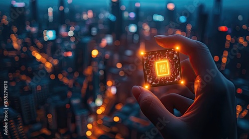 Hand holding glowing microchip over blurred cityscape at night