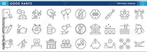 A set of line icons related to Good Habits. Good, behavior, healthy food, physical exercise, saving, social, and so on. Vector editable stroke.