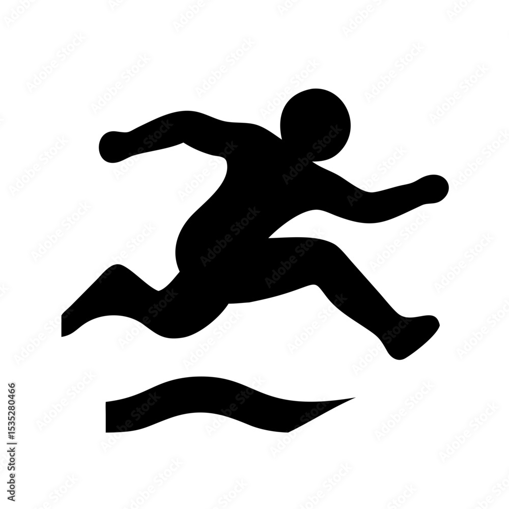 Hurdle Race Athlete Silhouette Icon: Simple black silhouette of an athlete hurdling, perfect for illustrating track and field events, sports infographics, or training concepts. Hurdle Race Athlete Silhouette Icon: Simple black silhouette of an athlete hurdling, perfect for illustrating track and field events, sports infographics, or training concepts.